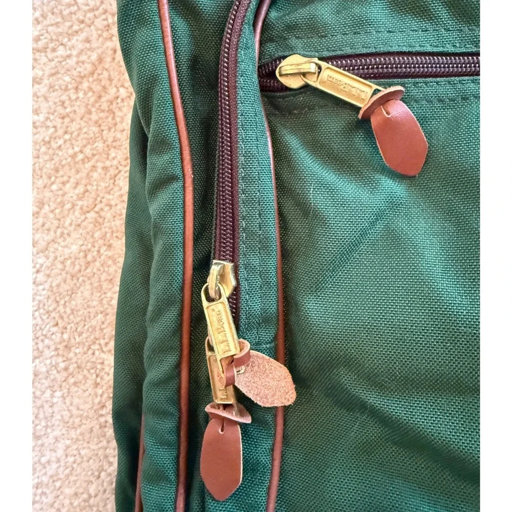 Vintage L.L. Bean Garment Bag Green Canvas Leather Trim Tri-Fold Travel Suit Bag